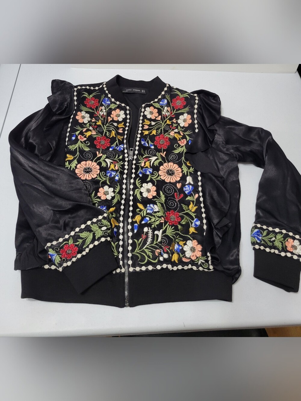 Zara Black Silky Embroidered Floral Bomber Jacket with Ruffles - Size M